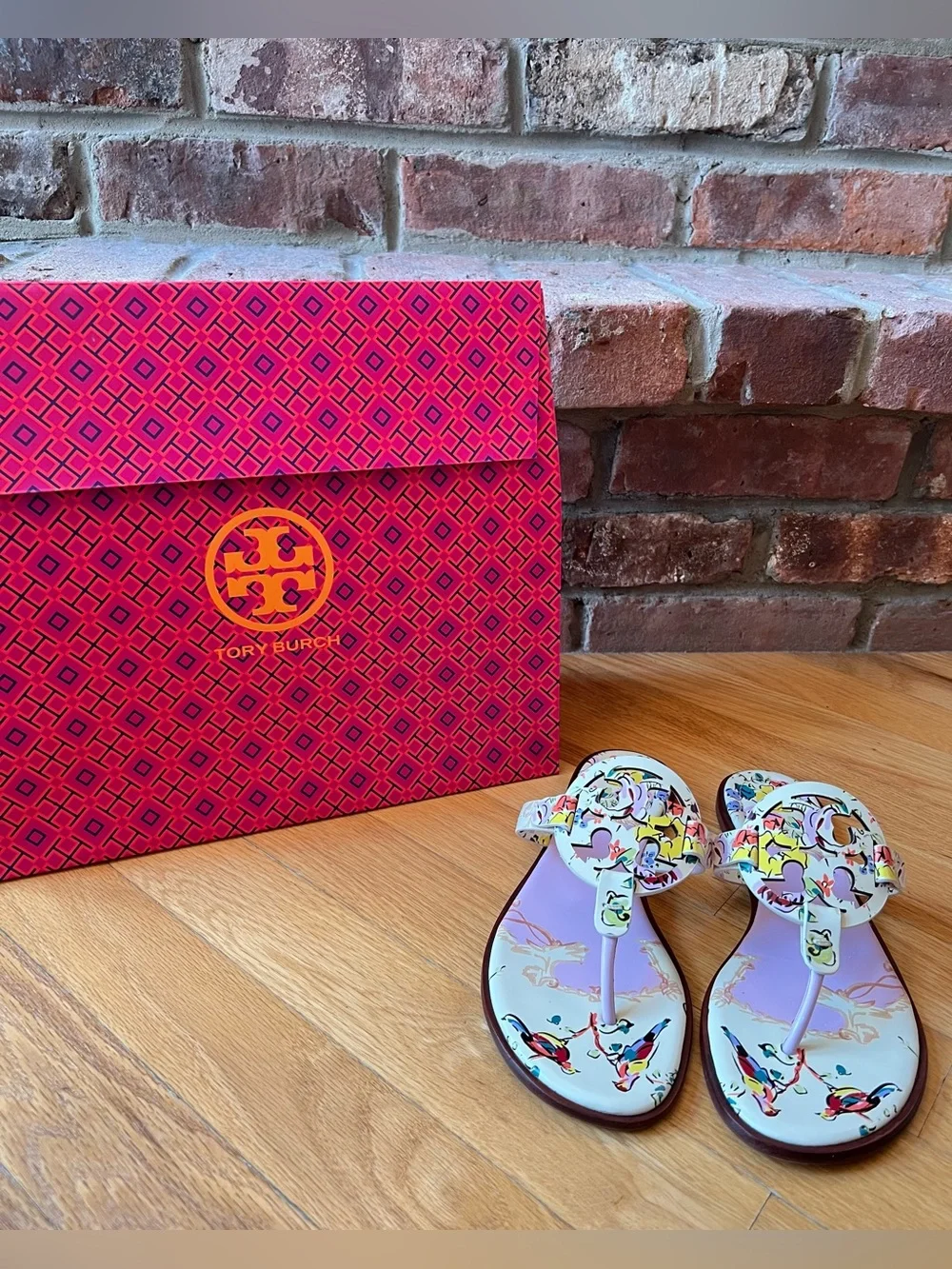 Tory Burch Pink Porcelain Floral Printed Leather Miller Welt Sandals